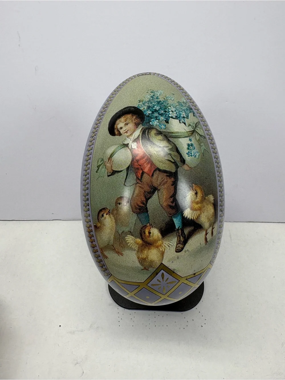 Metal Easter Egg Tin, Lavender Egg, Victorian Illustration - Young Boy with Eggs